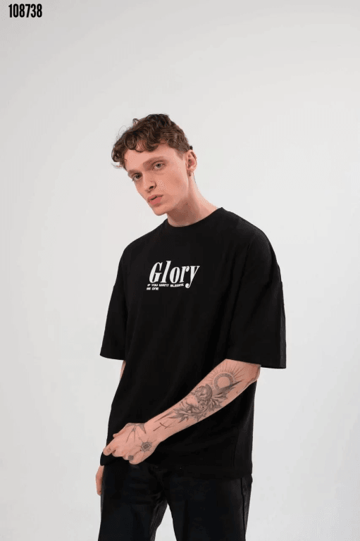 Unisex Bisiklet Yaka Baskılı Oversize T-Shirt - Siyah