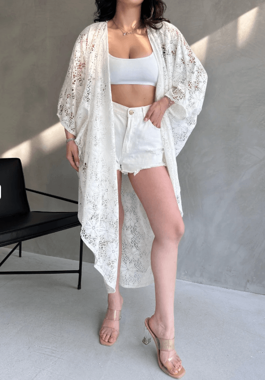 Çicek Desenli Uzun Güpür Kimono
