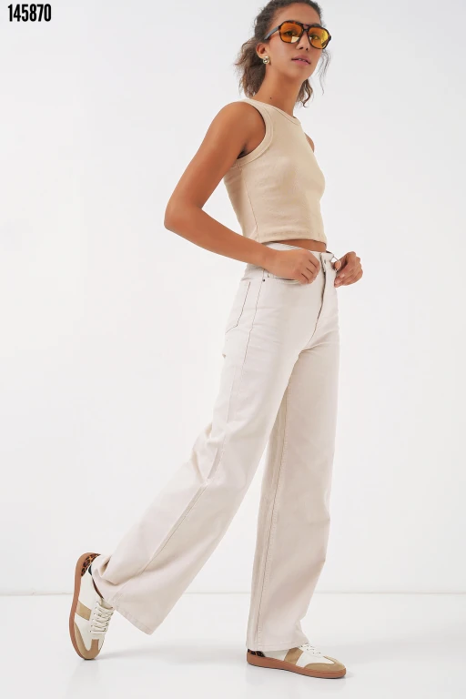 Geniş Paça Yüksek Bel Kot Pantolon - Ekru