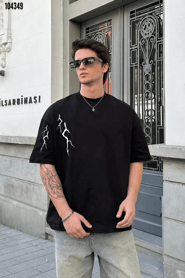 Erkek Bisiklet Yaka Baskılı Oversize T-Shirt - Siyah