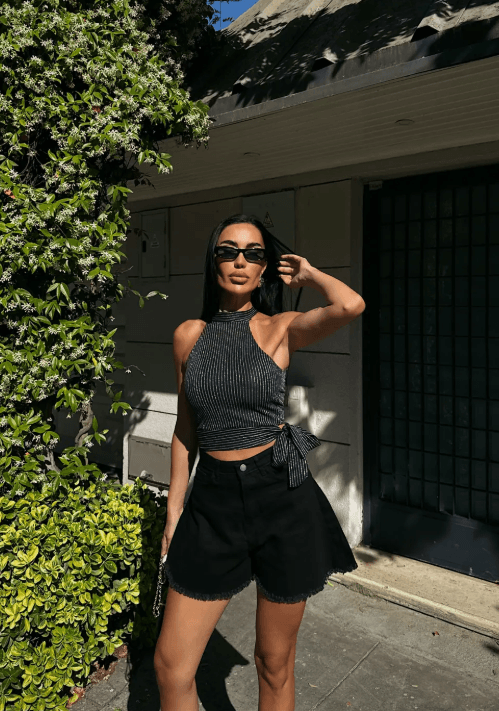 Çizgili Beli Kuşak Detaylı Halter Bluz