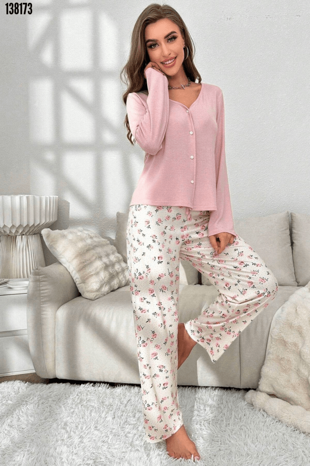 Kadın V Yaka Pamuklu Pijama Takımı 