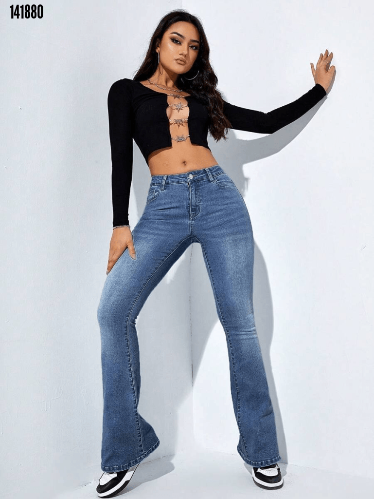Kadın Yüksek Bel Cepli İspanyol Paça Jeans Pantolon