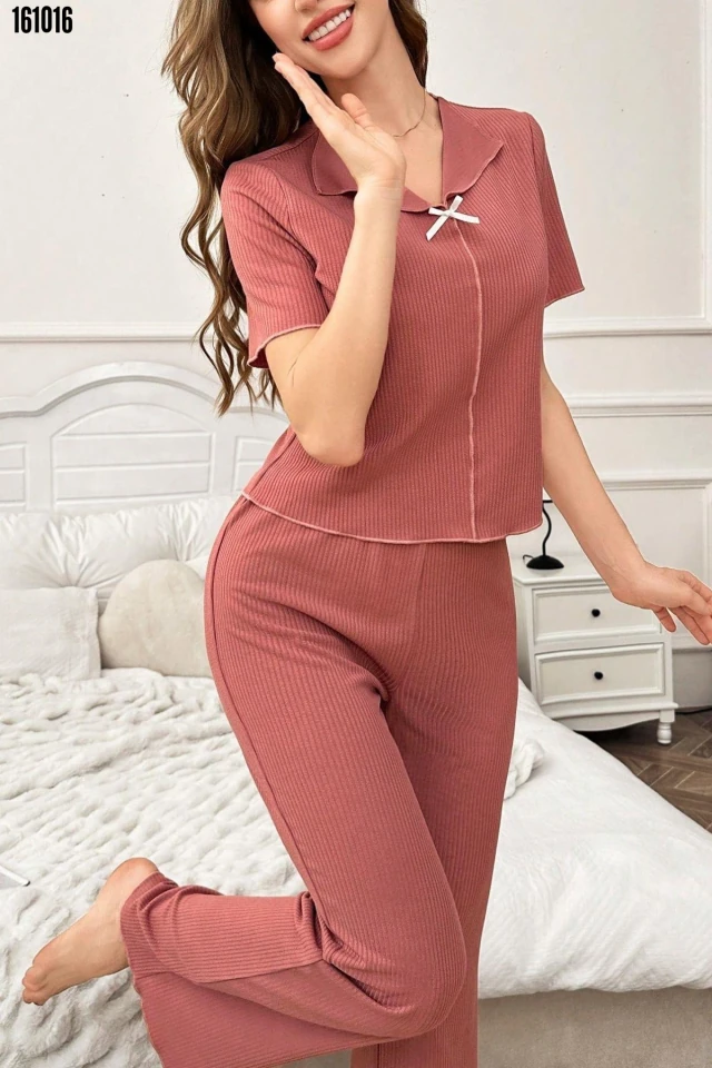Gül Kurusu Pamuklu Kısa Kollu Pijama Takımı