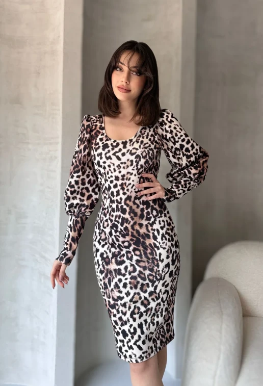 Leopar Desenli Midi Boy Elbise