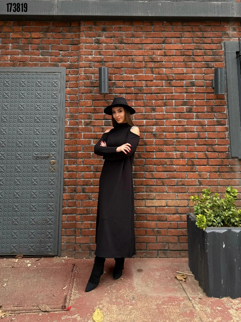 Kadın Balıkçı Yaka Omuzlardan Açık Uzun Kollu Janjan Krep Elbise