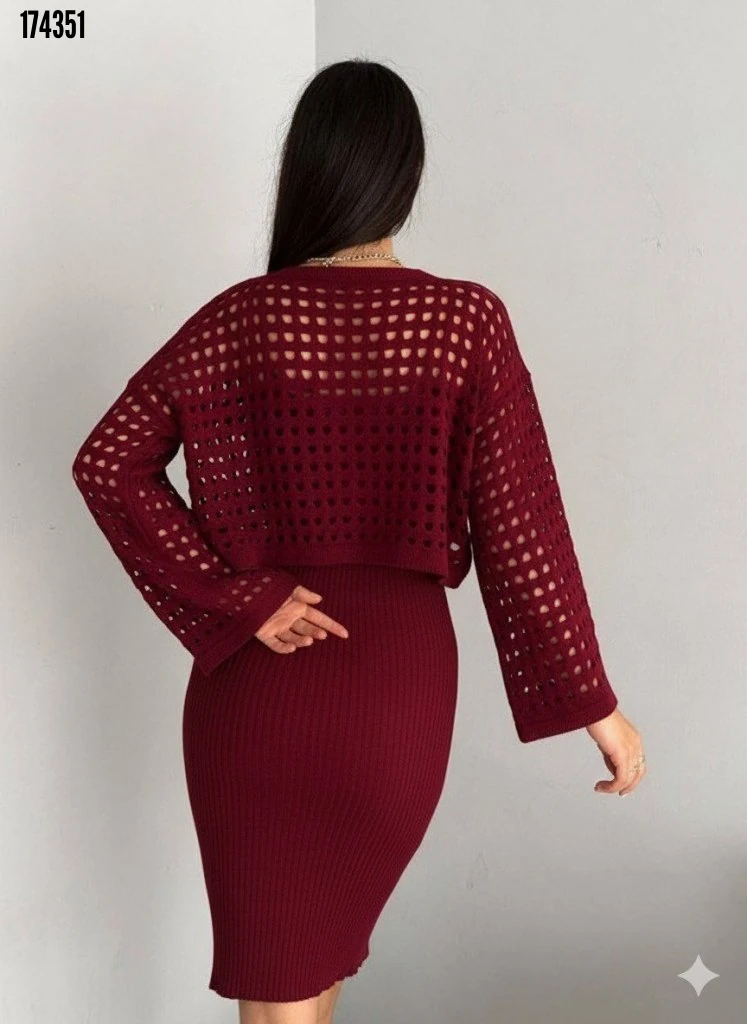 Kadın Uzun Kollu Delikli Kazak Askılı Elbise Triko İkili Takım