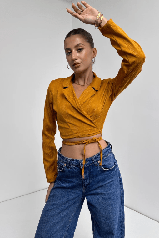 Gömlek Yaka Beli Bağlamalı Crop Bluz