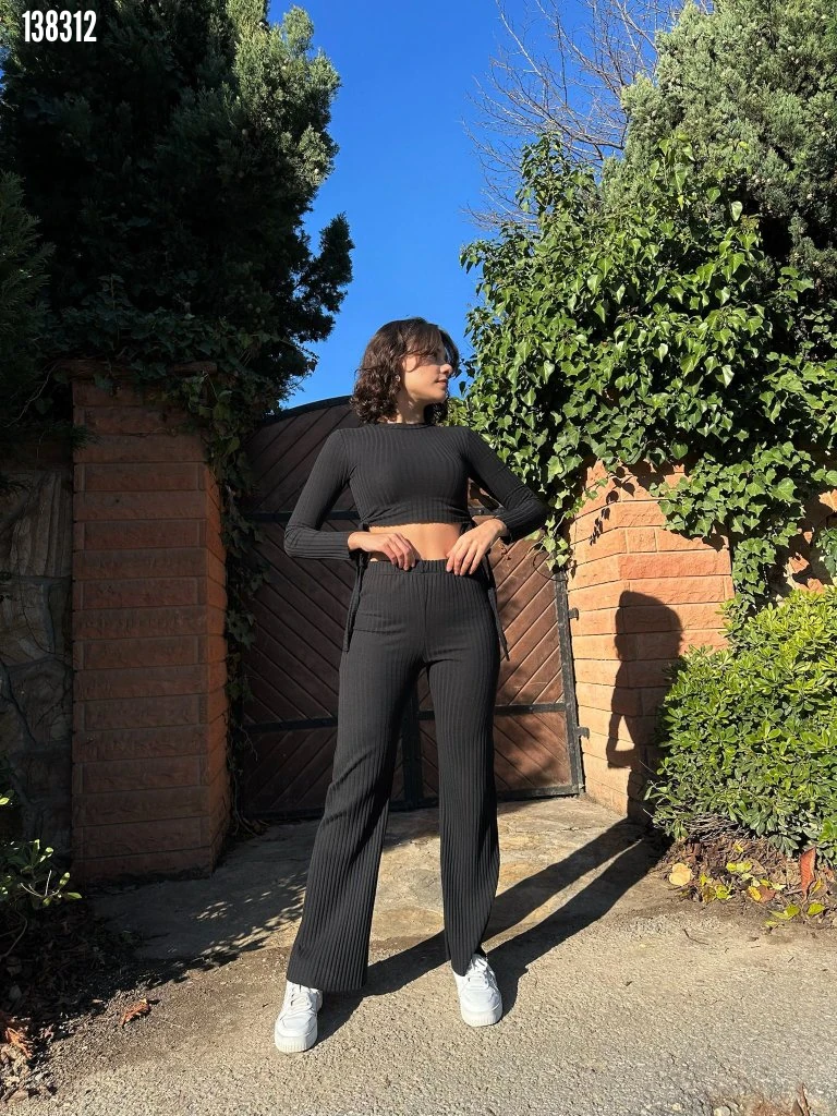 Kadın Yandan Bağlamalı Geniş Paçalı Fitil Kaşkorse İkili Takım