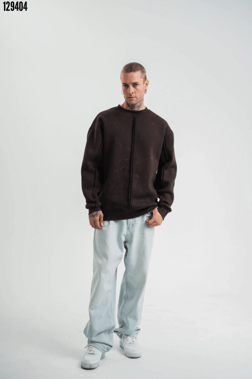 Premium Kalite Bisiklet Yaka SweatShirt - Kahverengi