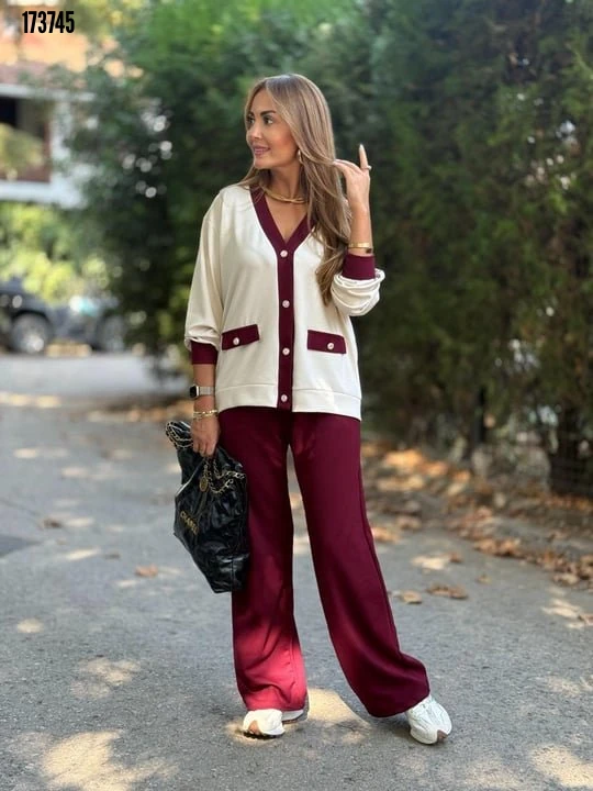 Kadın Ribanali Cep Detay Hırka ve Bol Paça Pantolon İkili Takım