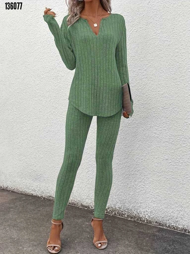 Kadın V Yakalı Bluz Alt Tayt Kaşkorse İkili Takım