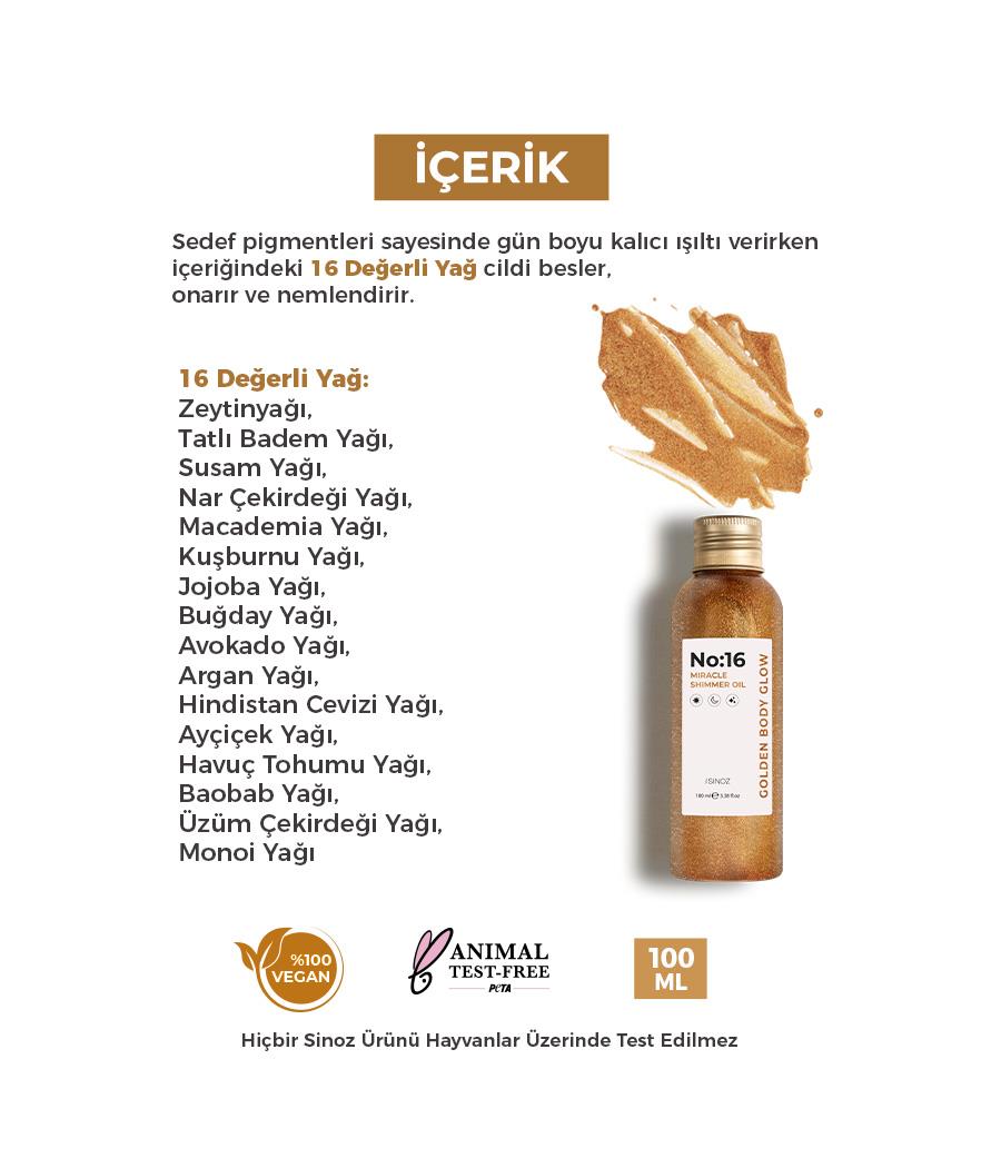 Sinoz No:16 Mucizevi Işıltılı Saç ve Vücut Bakım Yağı 100 ml - Parıltılı Nemlendirici Bakım