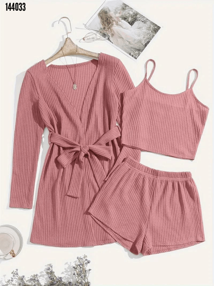 Pamuklu 3 Parça Sabahlık ve Pijama Takımı