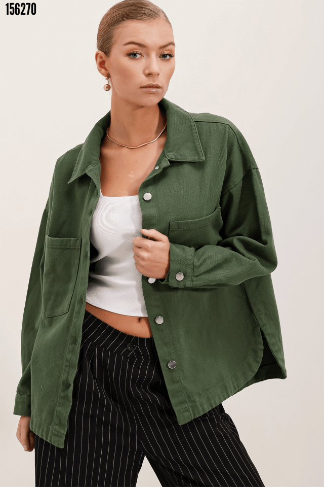 Oversize Gabardin Gömlek Ceket - Haki