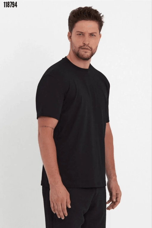 Erkek Düz Biskilet Yaka Oversize T-shirt - Siyah