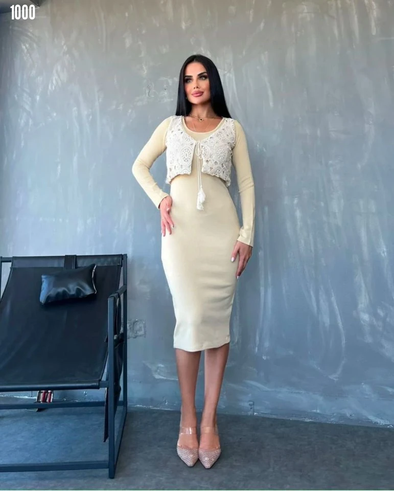 Kadın Midi Boy Elbise ve Dantel Kupür Detay Yelek İkili Takım