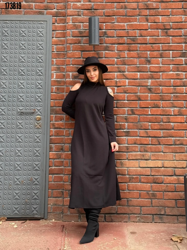 Kadın Balıkçı Yaka Omuzlardan Açık Uzun Kollu Janjan Krep Elbise