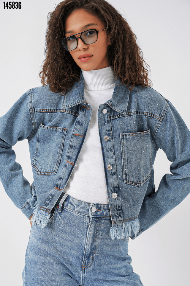 Çift Cepli Crop Kot Ceket - Mavi
