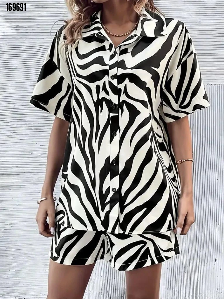 Kadın Zebra Desenli Pamuk-Polyester Kumaş İkili Takım