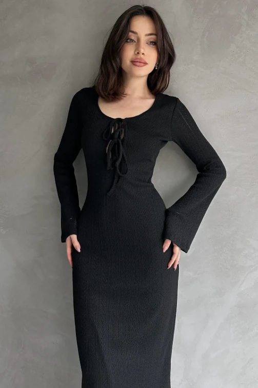 Önü Bağcık Detaylı Maxi Boy Elbise