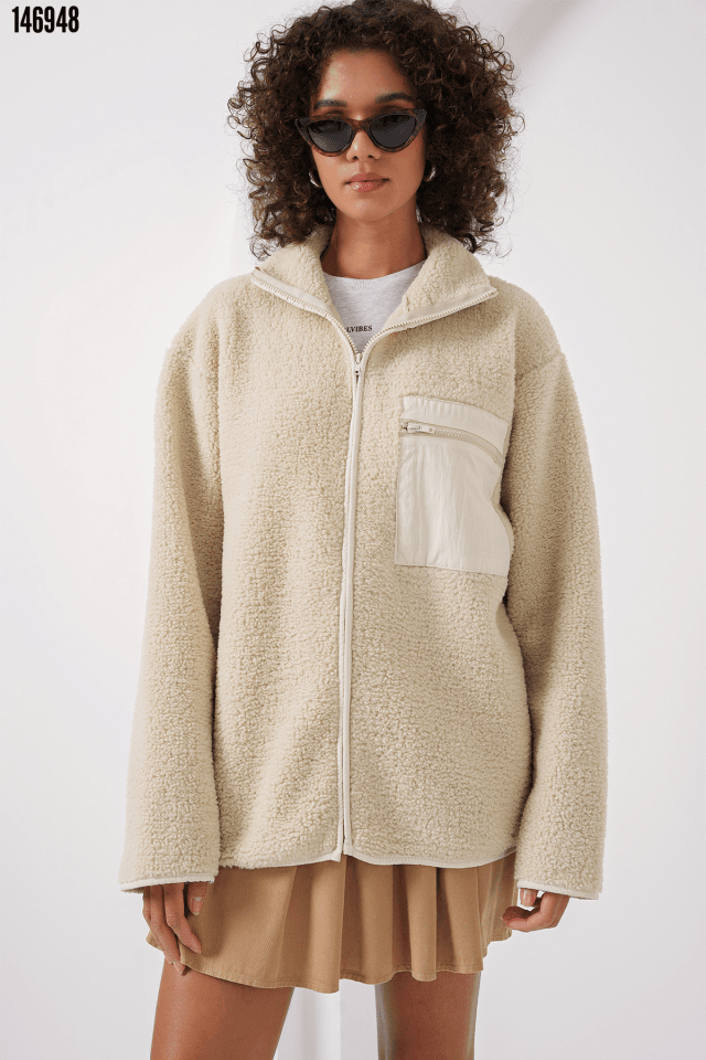 Fermuarlı Oversize Peluş Ceket Mont 