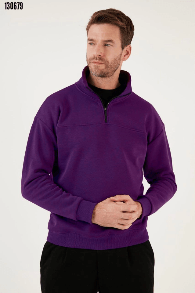 Oversize Yarım Farmuarlı Yakalı Basic SweatShirt 