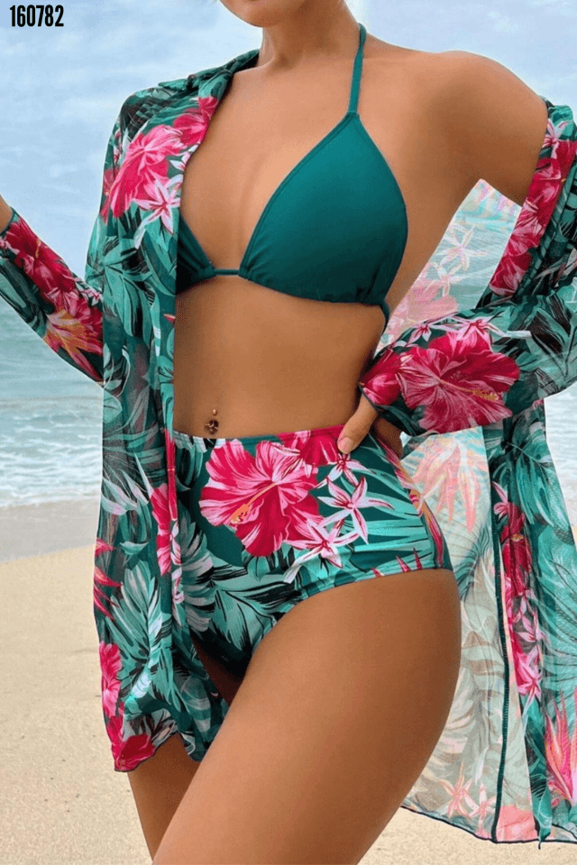 Çok Renkli Tropikal Baskılı 3 Parça Bikini Takımı