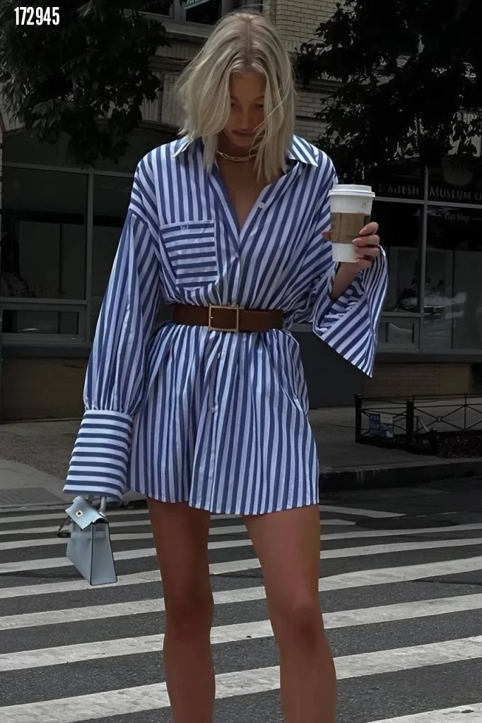 Kadın Çizgili Desen Gömlek Elbise