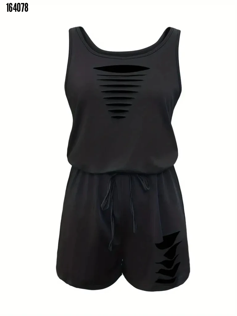 Kadın Lazer Kesim Detaylı Bağcıklı Kısa Viskon Tulum