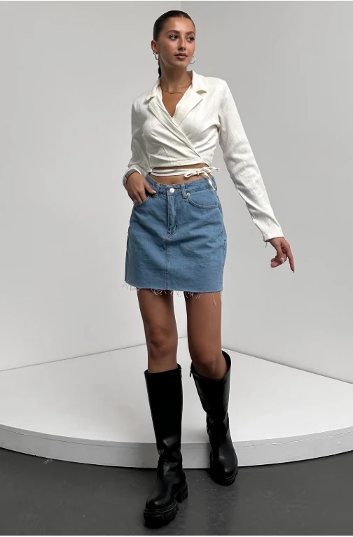 Gömlek Yaka Beli Bağlamalı Crop Bluz