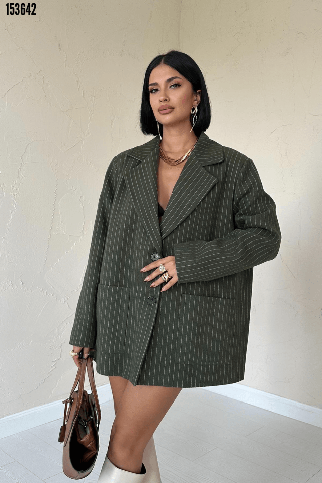 Haki Çizgili Oversize Ceket