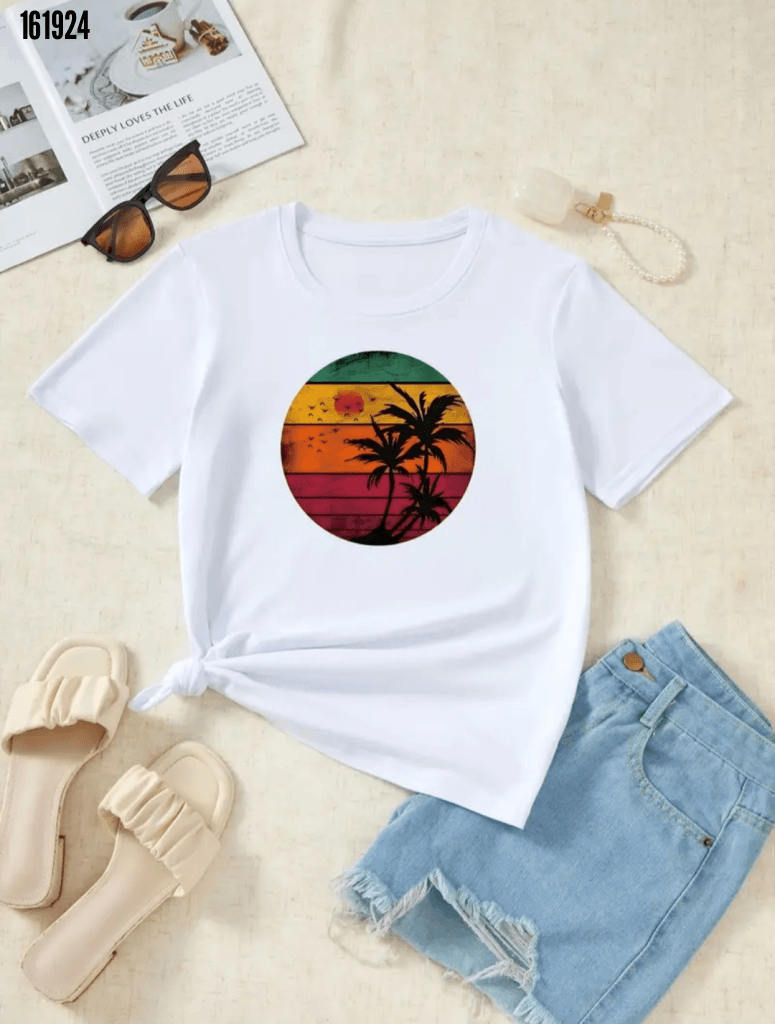 Kadın Kısa Kollu Palmiye Baskılı Viskon Tshirt