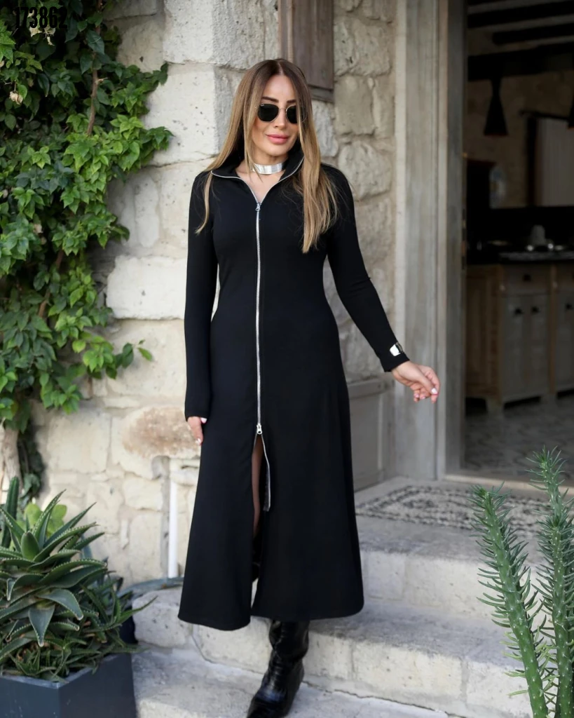 Kadın Önden Fermuarlı Maxi Viskon İki İplik Elbise