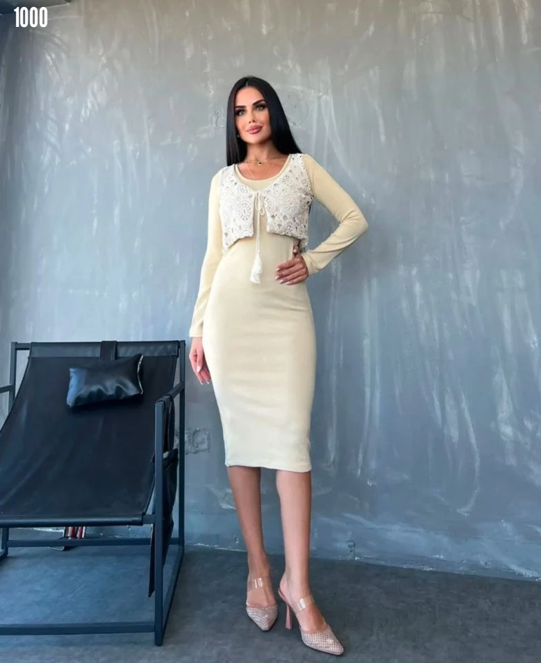 Kadın Midi Boy Elbise ve Dantel Kupür Detay Yelek İkili Takım