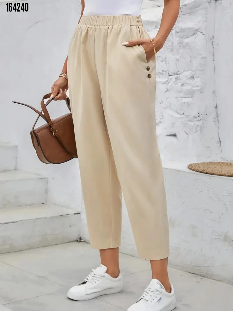 Kadın Yüksek Bel Yandan Cepli Krep Pantolon