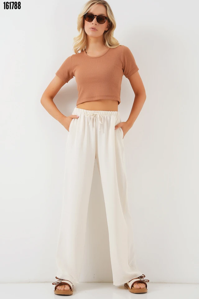 Yüksek Bel Bol Paça Pantolon - Krem