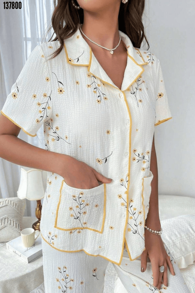 Bahar Papatya Desenli Cep Detaylı Pijama Takımı