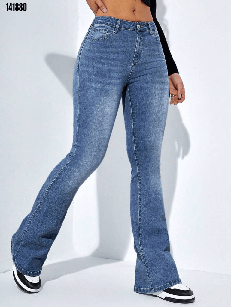 Kadın Yüksek Bel Cepli İspanyol Paça Jeans Pantolon