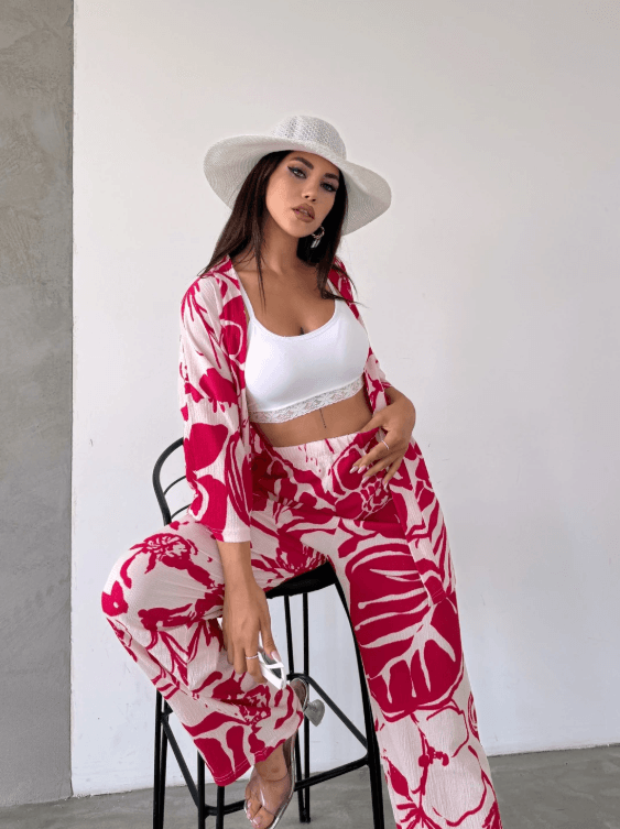 Desenli Kimono Pantolon İkili Takım