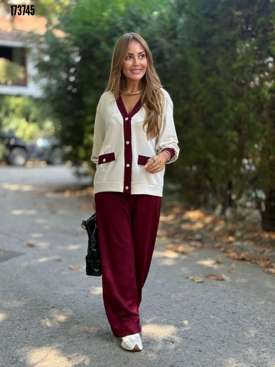 Kadın Ribanali Cep Detay Hırka ve Bol Paça Pantolon İkili Takım