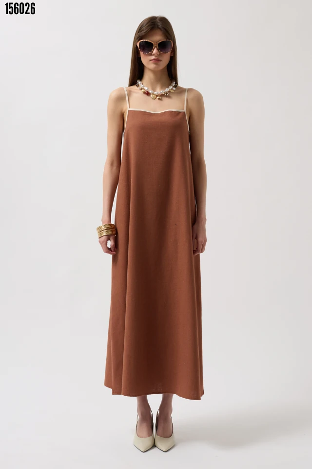 Şerit Detay Keten Maxi Elbise