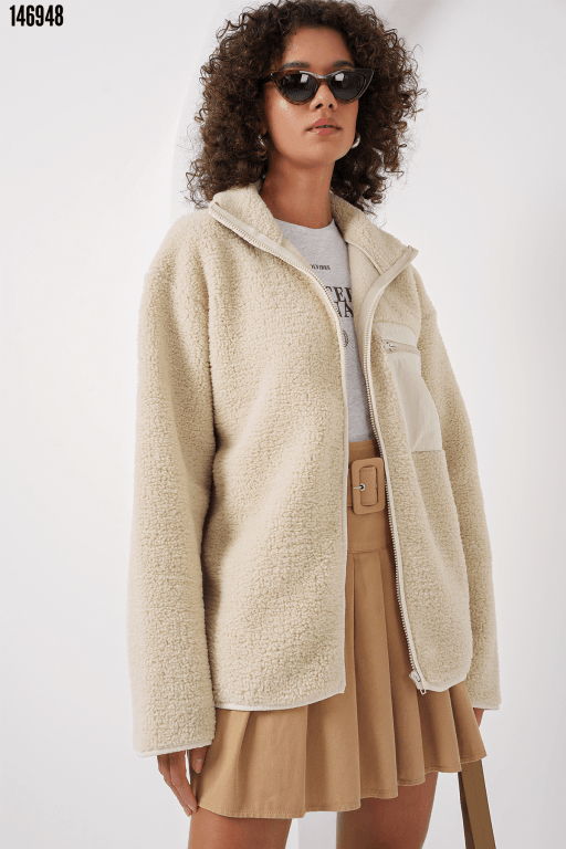Fermuarlı Oversize Peluş Ceket Mont 