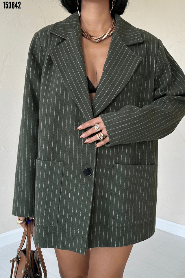 Haki Çizgili Oversize Ceket