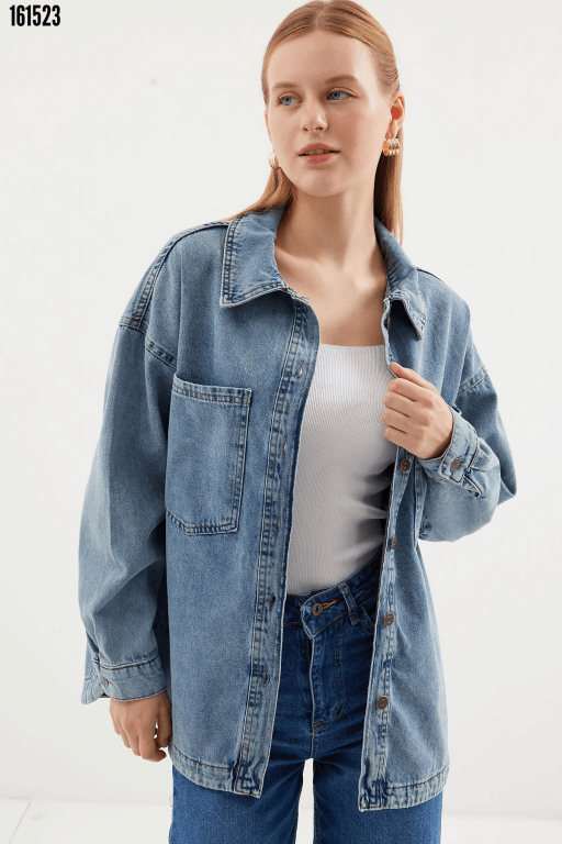 Çift Cepli Oversize Denim Ceket - Buz Mavi