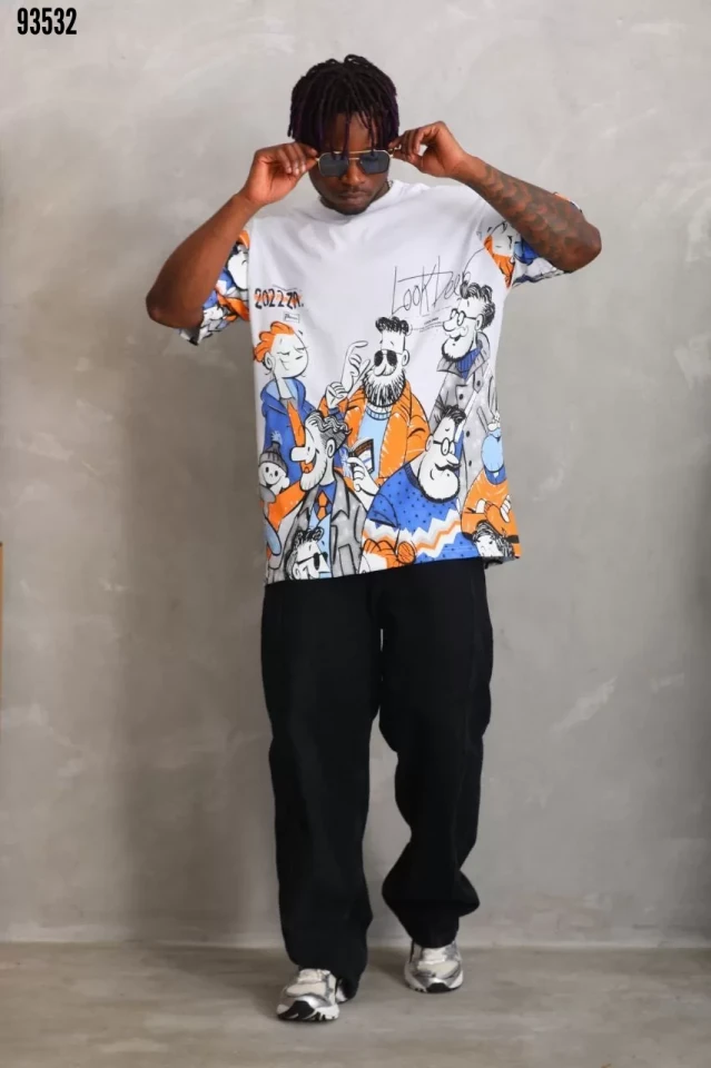 Unisex Oversize Baskılı Bisiklet Yaka T-Shirt - Beyaz