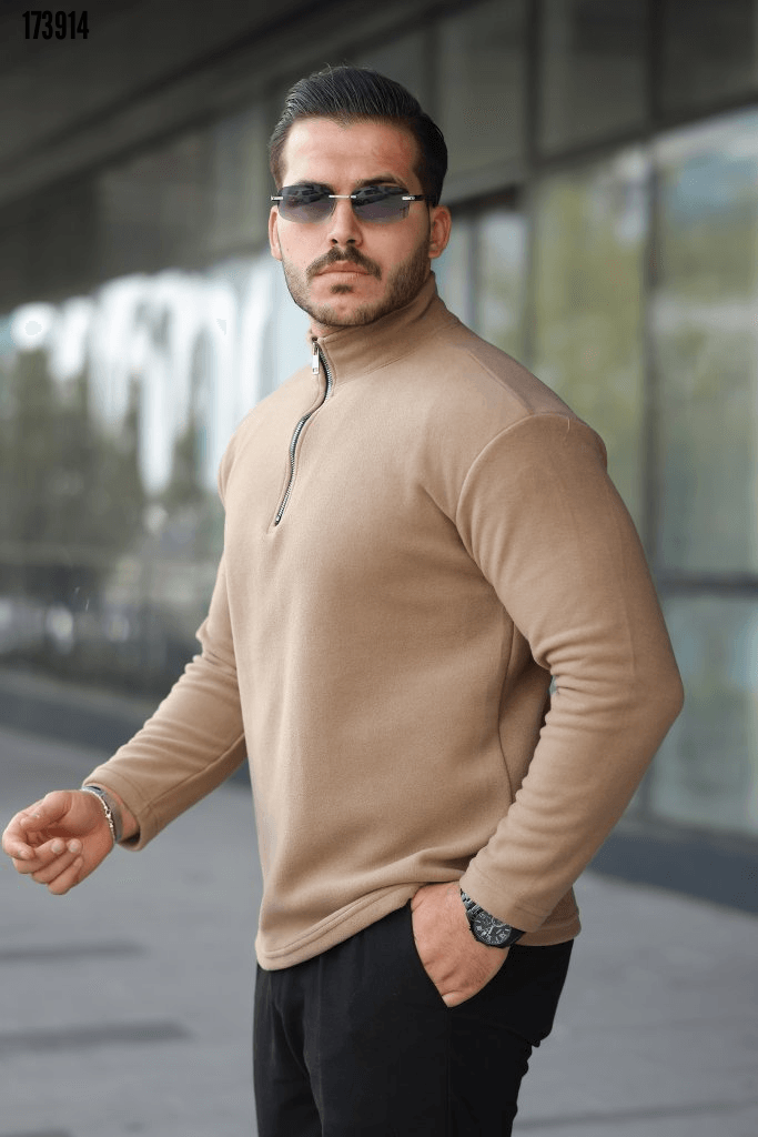 Erkek Trend Zip Yaka Polar Sweatshirt