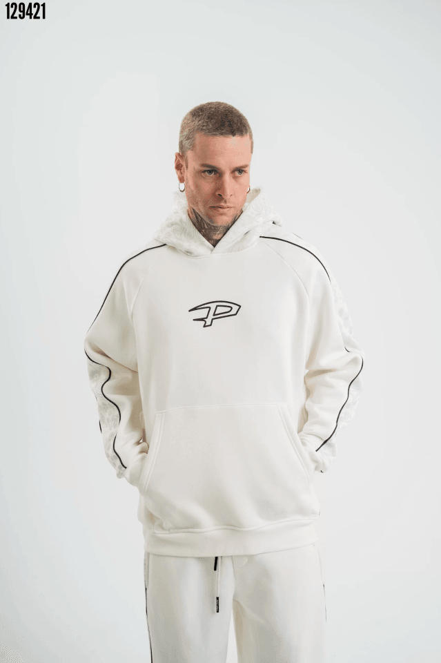 Premium Kalite Kapşonlu Ara Biyeli SweatShirt - Beyaz