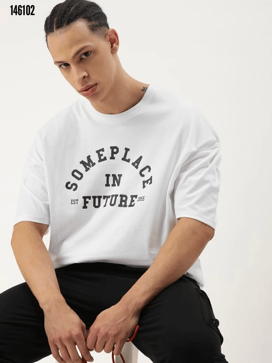 Erkek Baskılı Oversize T-shirt - Beyaz