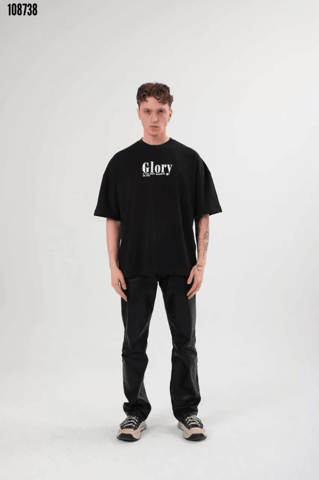 Unisex Bisiklet Yaka Baskılı Oversize T-Shirt - Siyah